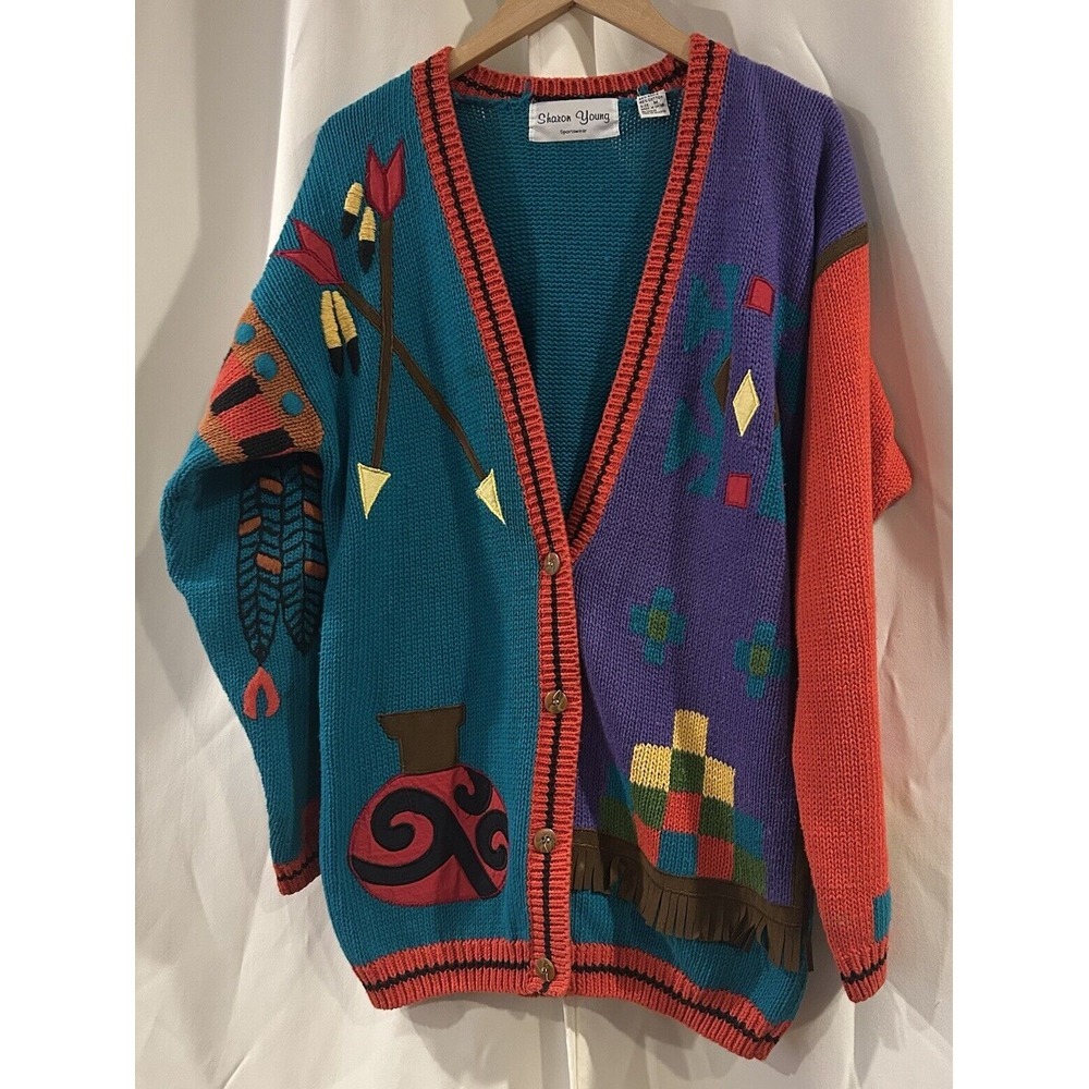 Vintage Southwestern Native American theme Cardigan Sweater Sharon‎ Young Medium - Picture 2 of 6